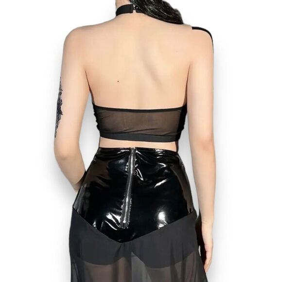 Black Mesh Fishnet Lace Up D-Ring Bustier Corset Crop Top Goth Festival NWT - Picture 2 of 4